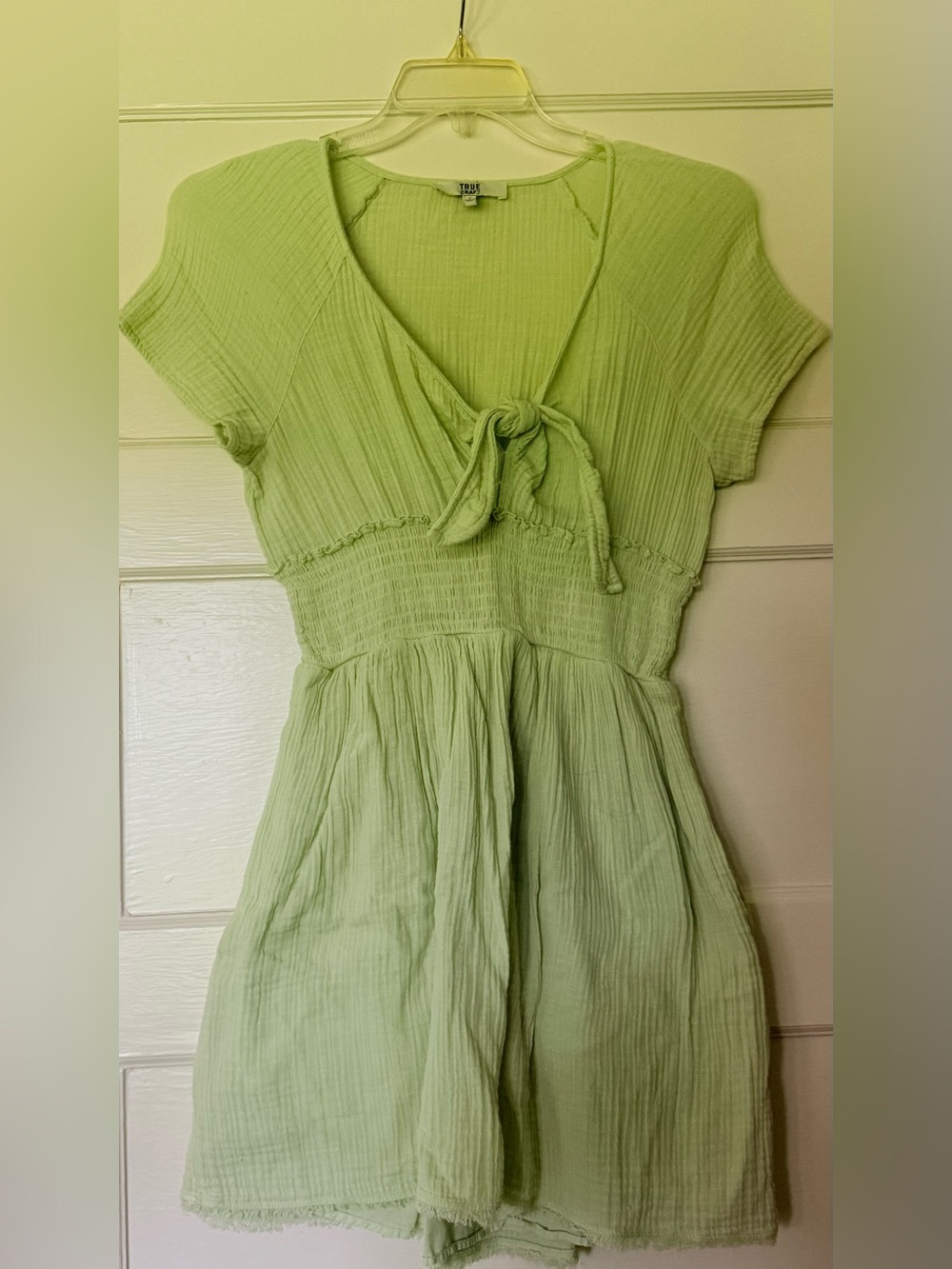 True Craft Sage Green Tie-Front Smocked Waist Tunic Gauzy Dress